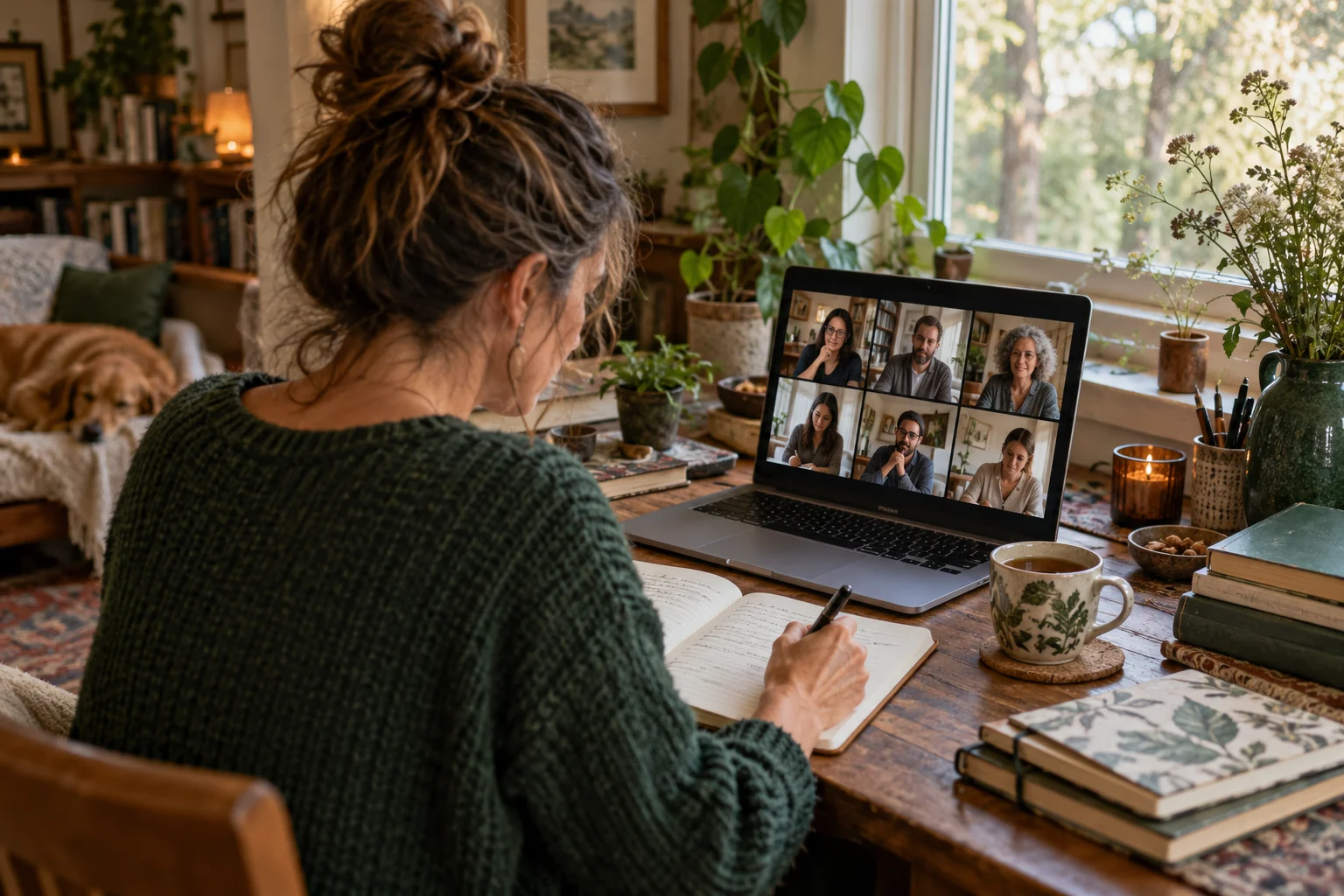 Illustration of a writer taking part in a video-call writing retreat at home